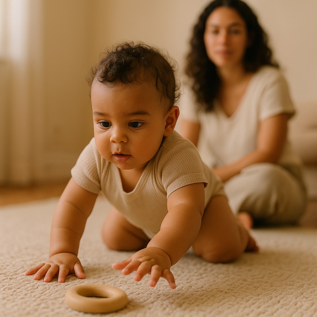 Bebê de 10 meses em posição de gatas no tapete, alcançando brinquedo de madeira, mãe ao fundo observando calmamente